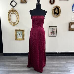 Vintage Jessica McClintock Deep Red Floral Embroidered Jacquard Strapless Gown